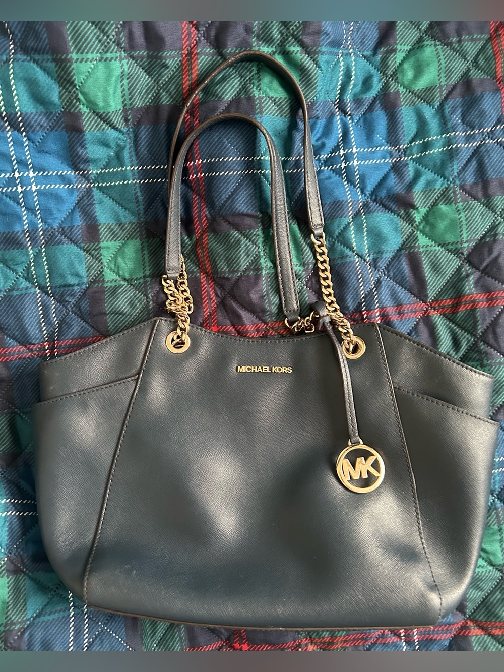 MICHAEL KORS Jet Set Chain Tote Shoulder Bag Navy Leather Quiet Luxury Travel